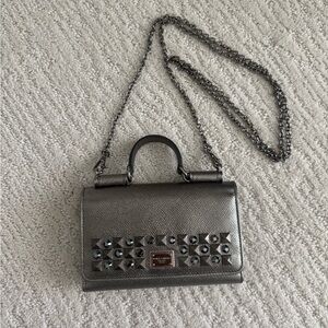 Dolce & Gabbana Metallic Grey Leather Miss Sicily Von Studded Wallet on Chain
